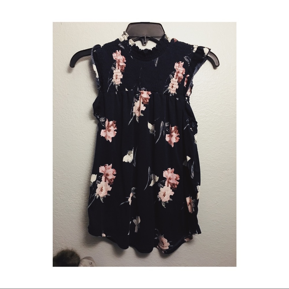 Navy Blue Blouse w/ Florals